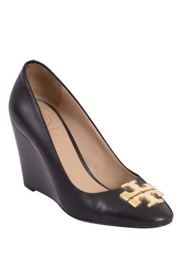 Tory Burch Black Leather Raleigh Round Toe Wedge Pumps