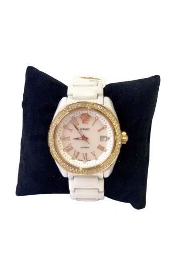 VERSACE WHITE CERAMIC ROSE GOLD DIAMOND WATCH