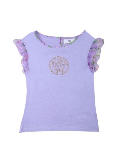 YOUNG VERSACE LILAC GOLD MEDUSA EMBROIDERED T SHIRT