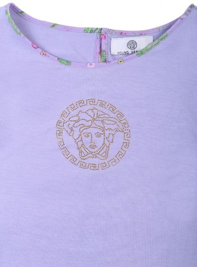 YOUNG VERSACE LILAC GOLD MEDUSA EMBROIDERED T SHIRT