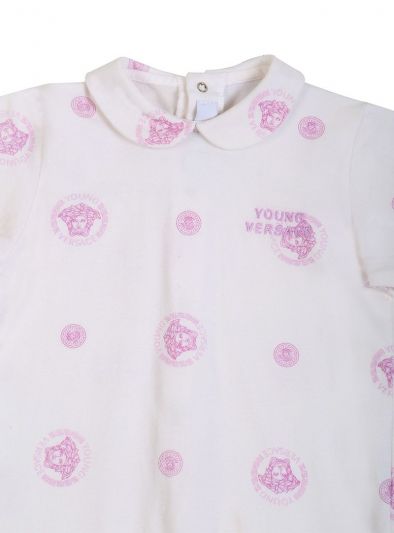 YOUNG VERSACE WHITE & LILAC MEDUSA LOGO ROMPER