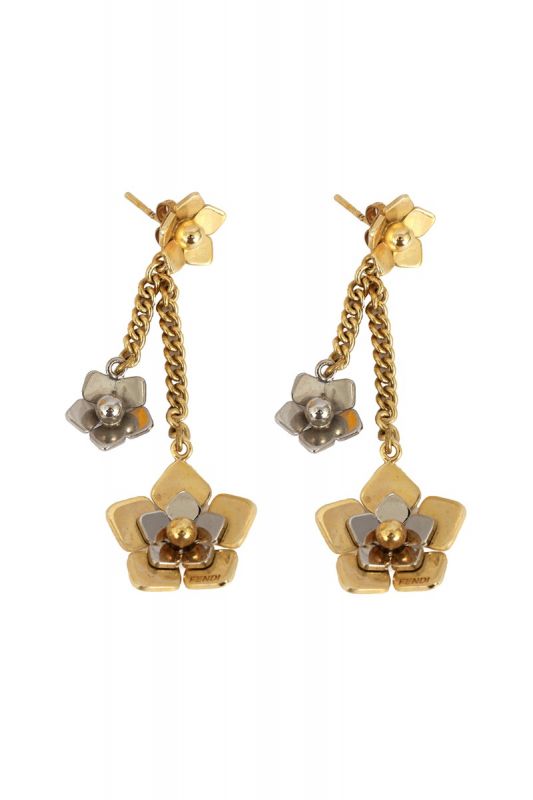 FENDI TWO TONE FLOWER DANGLE EARRINGS