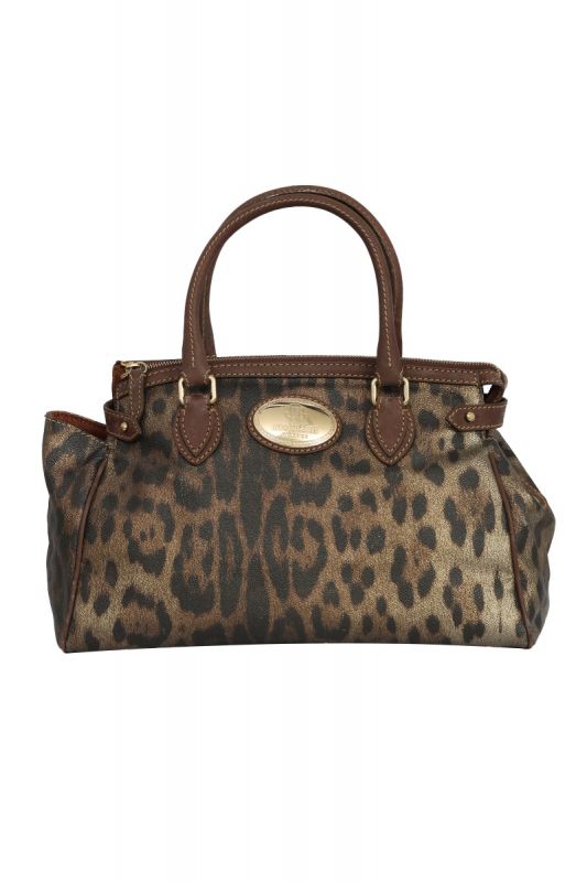 ROBERTO CAVALLI LEOPARD PRINT COATED CANVAS ZIP SATCHEL BAG