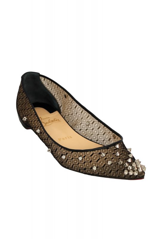 CHRISTIAN LOUBOUTIN SIZE EU- 38 LACE MESH SILVER SPIKES FLATS
