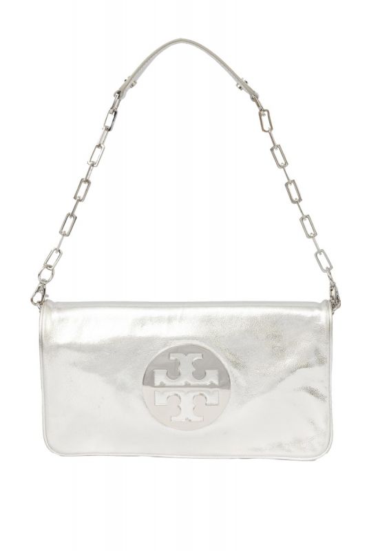 TORY BURCH REVA METALLIC SILVER CLUTCH SLING BAG 