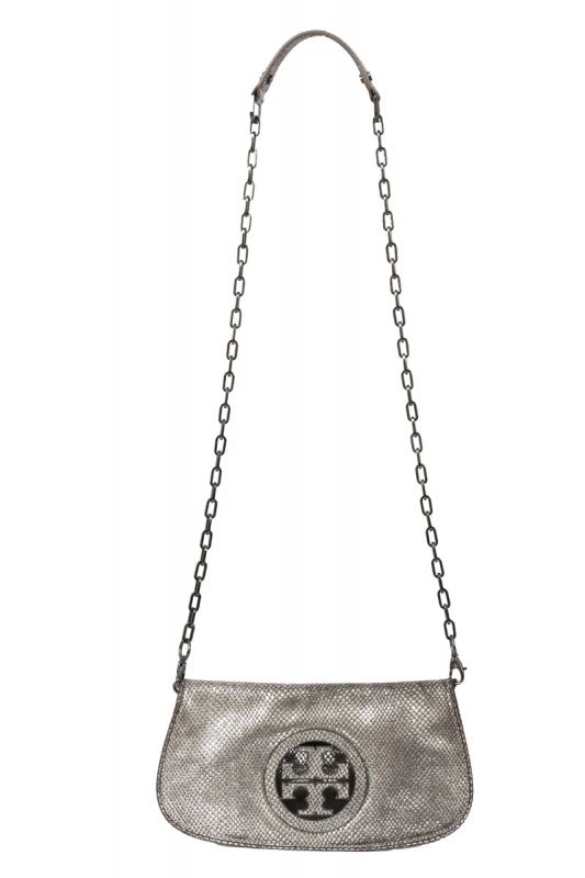 TORY BURCH SILVER EXOTIC LEATHER LOGO SHOULDER BAG