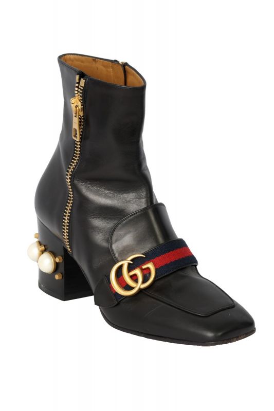 GUCCI SIZE- EU 37.5 PEYTON MARMONT LOGO PEARL EMBELISHED ANKLE BOOTS