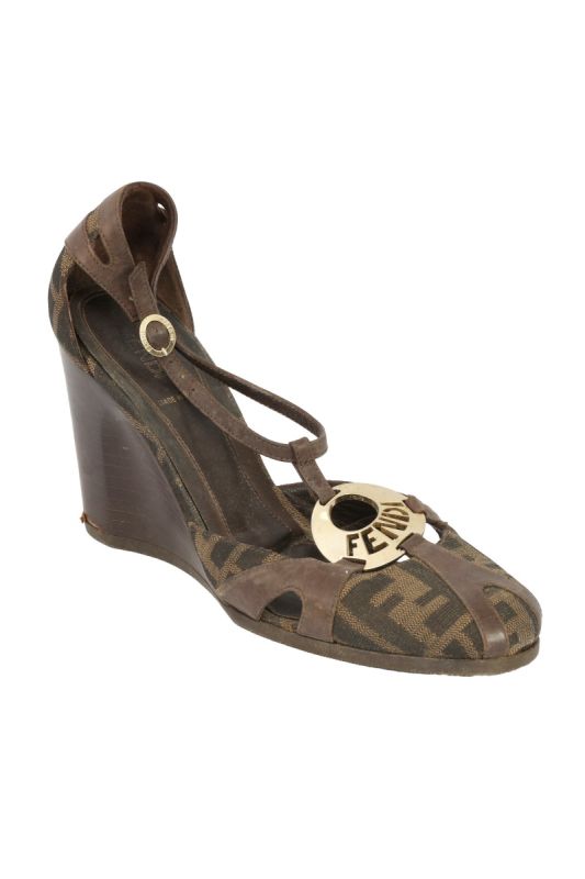 FENDI SIZE 39.5 ZUCCA CANVAS AND LEATHER  WEDGE SANDALS