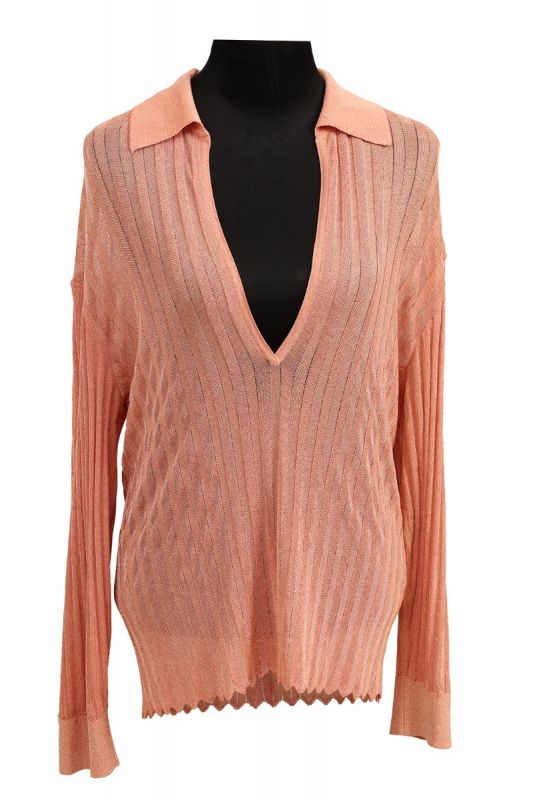 MISSONI SIZE- 40/L PEACH SHEER RIB KNIT V NECK LONG SLEEVE TOP