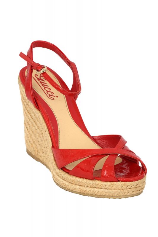 GUCCI SIZE- EU 38 RED PATENT MICROGUCCISIMA ESPADRILLE WEDGE SANDALS