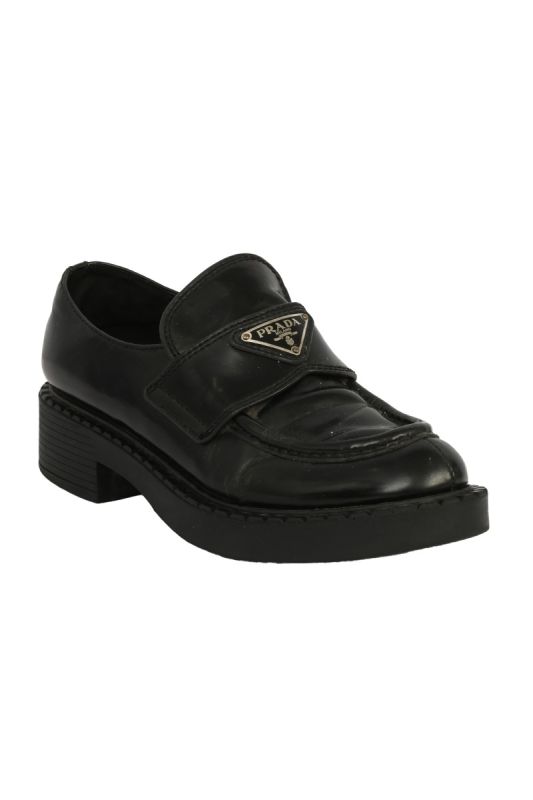 PRADA SIZE-39 BLACK BRUSHED LEATHER LOAFERS