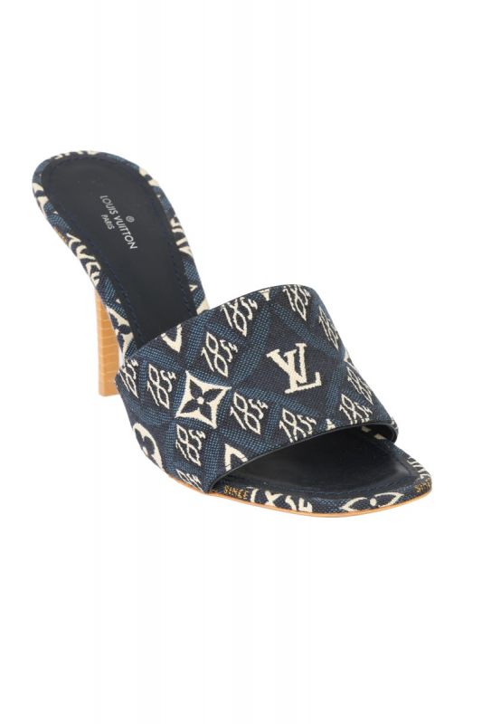 LOUIS VUITTON SIZE- EU 37 BLUE 1854 MONOGRAM CANVAS SLIDE SANDALS