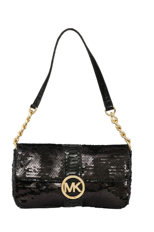 MICHEAL KORS BLACK SEQUINS AND PYTHON EFFECT  LEATHER FLAP SHOULDER BAG
