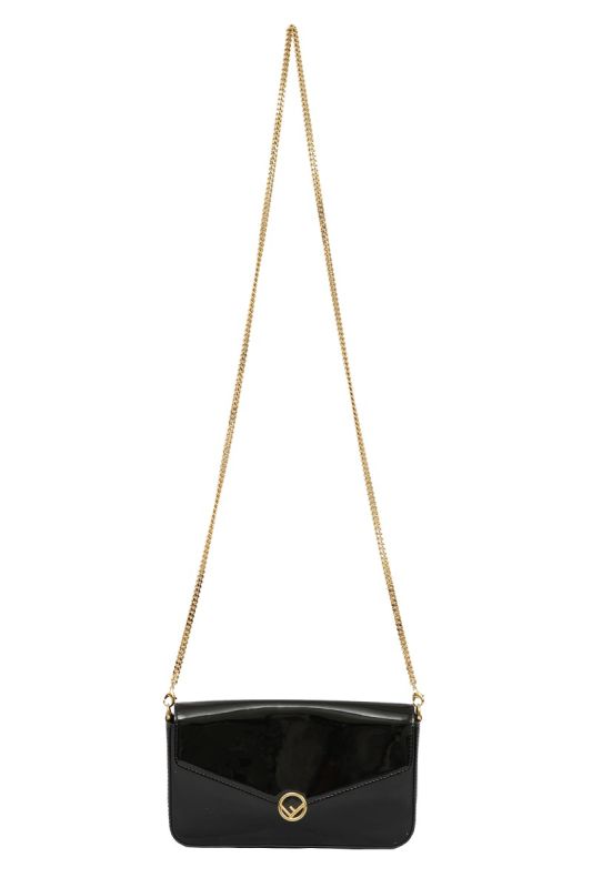 FENDI BLACK PATENT LEATHER F WALLET ON CHAIN BAG