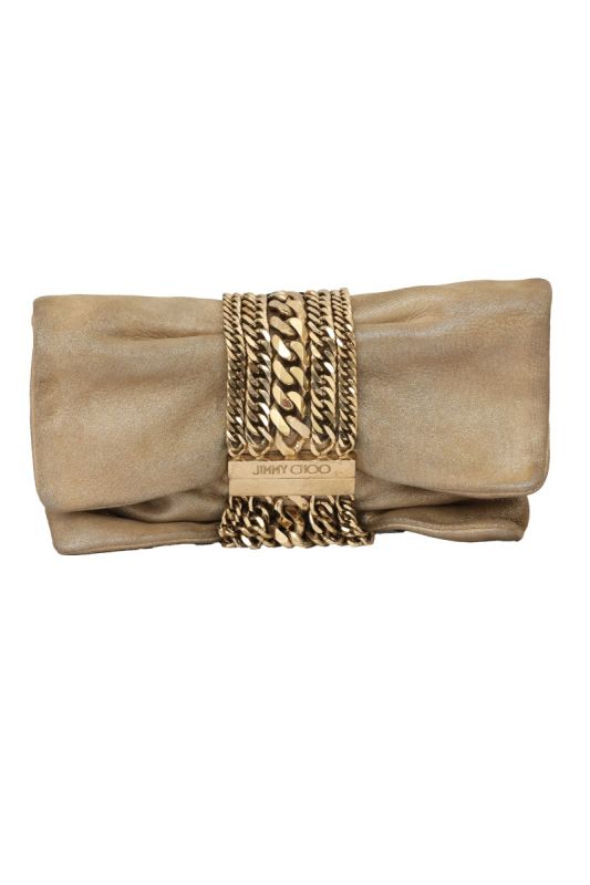 JIMMY CHOO BEIGE SHIMMERING SUEDE CHANDRA CLUTCH