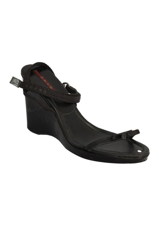 PRADA SIZE-37.5 BLACK BOW WEDGE SANDALS