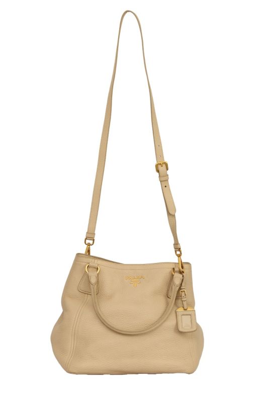 PRADA BEIGE VITELLO DAINO LEATHER SNAP TOTE BAG