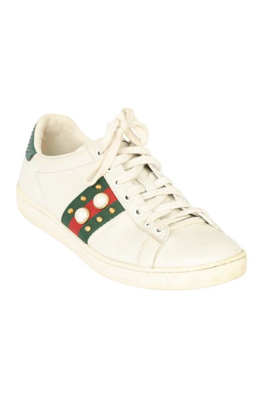 GUCCI SIZE- EU 37 WHITE PEARL STUDDED ACE LOW TOP SNEAKERS