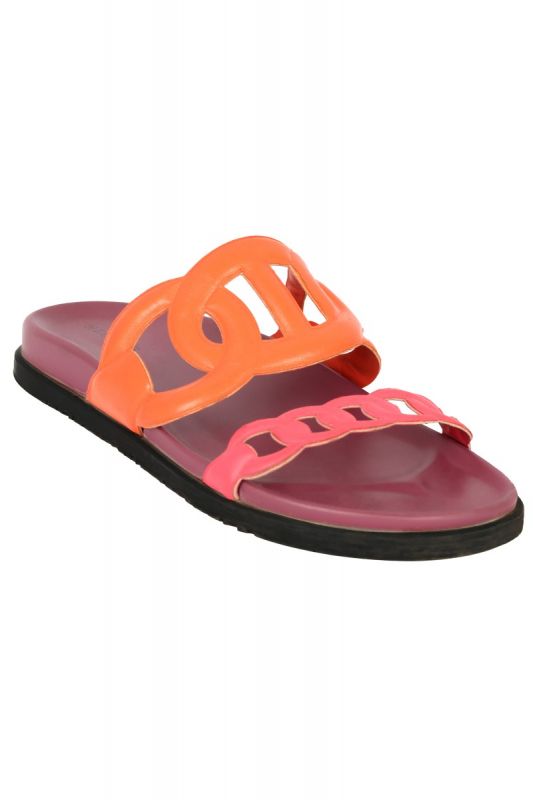 HERMES SIZE- EU 38 ORANGE/ PINK LEATHER EXTRA SLIDE FLATS