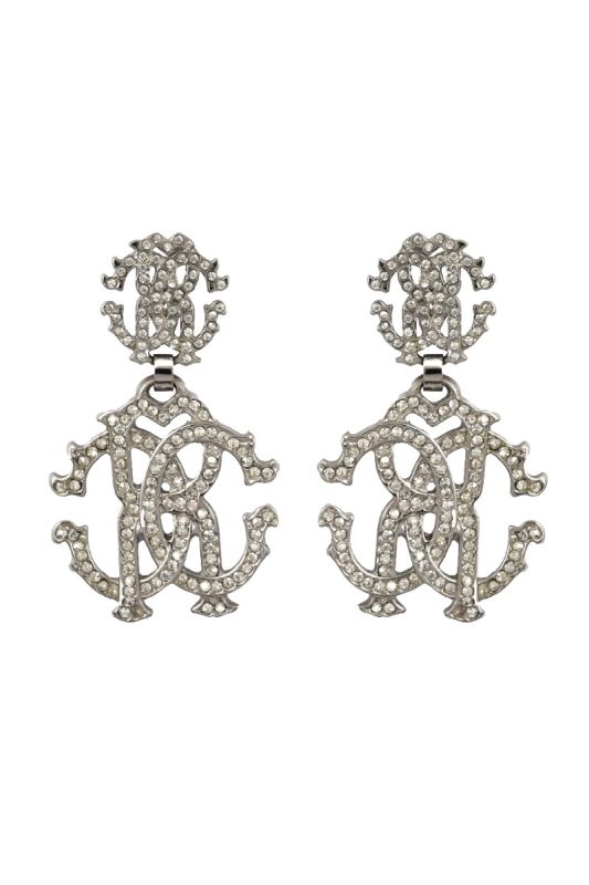 ROBERTO CAVALLI SWAROVSKI CRYSTAL SILVER TONE METAL EARRINGS