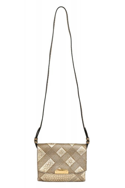 BURBERRY METALLIC GOLD GRAIN CALFSKIN CHECK EMBOSSED LANGLEY 