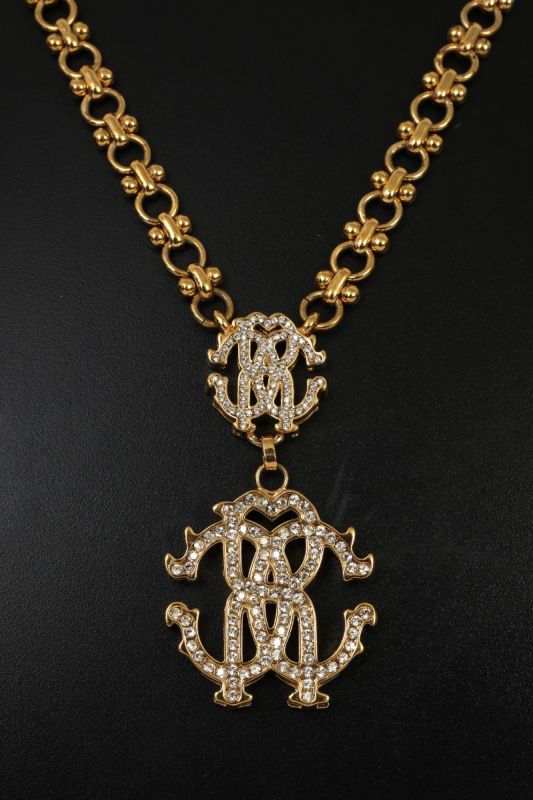ROBERTO CAVALLI GOLD TONE CRYSTAL EMBEDDED LOGO NECKLACE