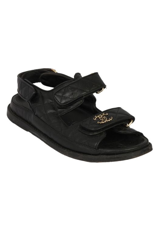 CHANEL SIZE-37C BLACK QUILTED LEATHER DAD SANDALS