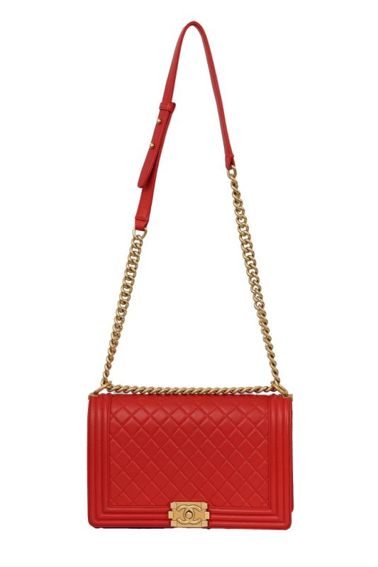 CHANEL LEATHER BOY LARGE RED FLAP BAG  