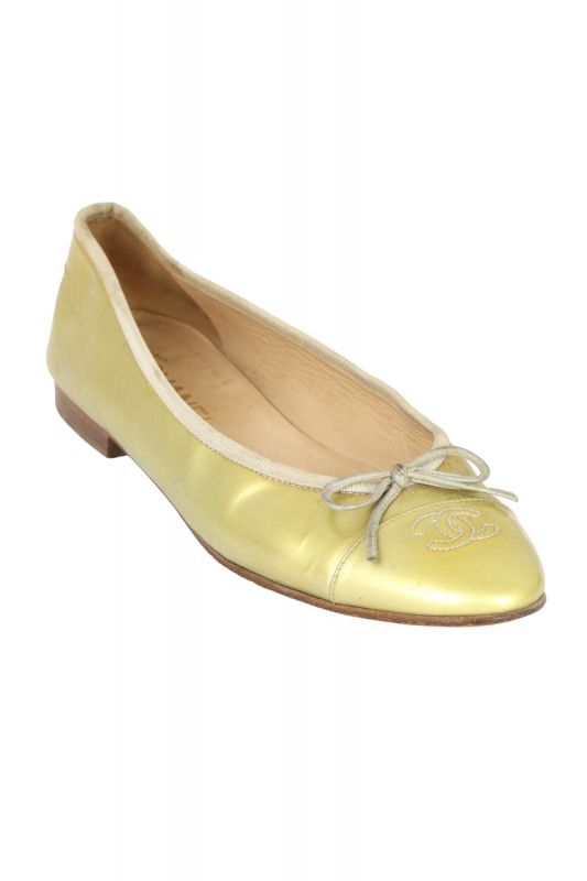 CHANELSIZE EU 40 BOW LEATHER GOLD BALLET FLATS