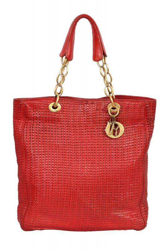 CHRISTIAN DIOR RED LARGE WOVEN TOTE BAG