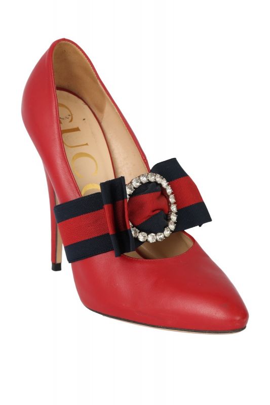 GUCCI SIZE- EU 37.5 GROSGRAIN WEB CRYSTAL BOW SYLVIE PUMPS