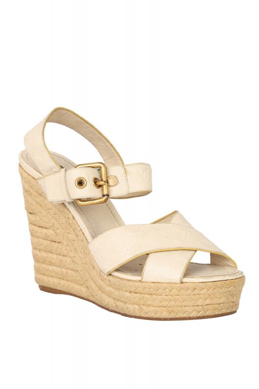 LOUIS VUITTON SIZE- EU 36.5 CALKSKIN MONOGRAM ESPADRILLE WEDGE SANDALS