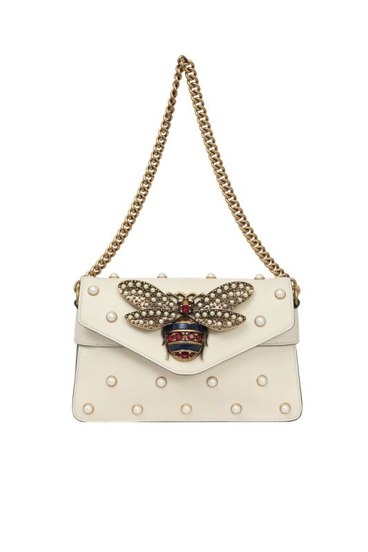 Gucci Off White Leather Broadway Pearly Bee Shoulder Bag