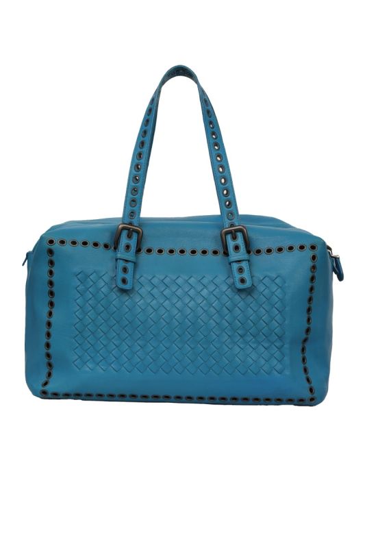 Bottega Veneta Blue Leather Intrecciato Boston Bag
