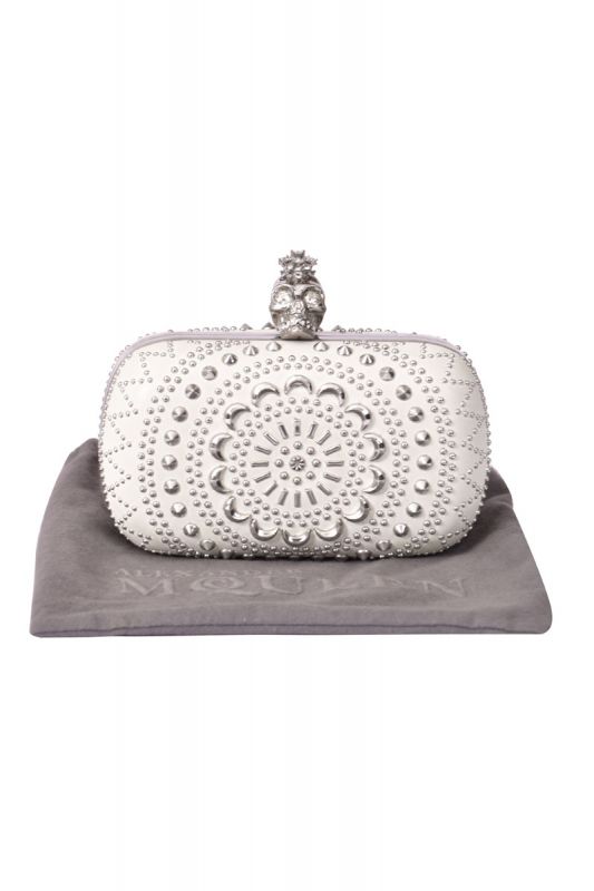 Alexander McQueen White Leather Studded Skull Clutch