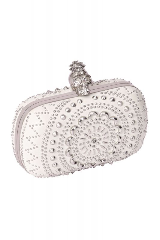 Alexander McQueen White Leather Studded Skull Clutch