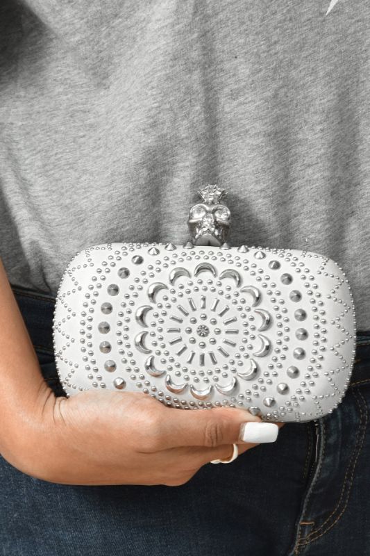 Alexander McQueen White Leather Studded Skull Clutch