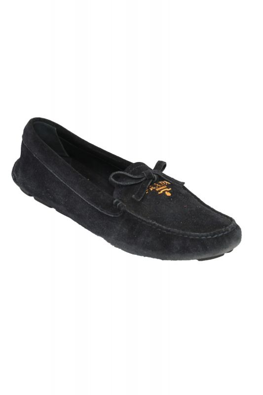 Prada Navy Blue Eu 37.5 Suede Bow Loafers 