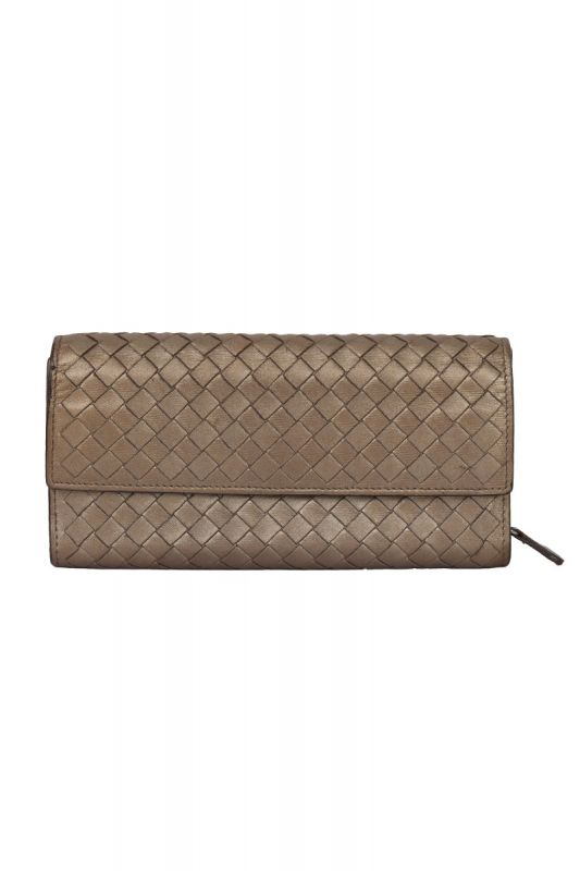 Bottega Veneta Intercciato Bronze Metallic Leather Long Wallet 