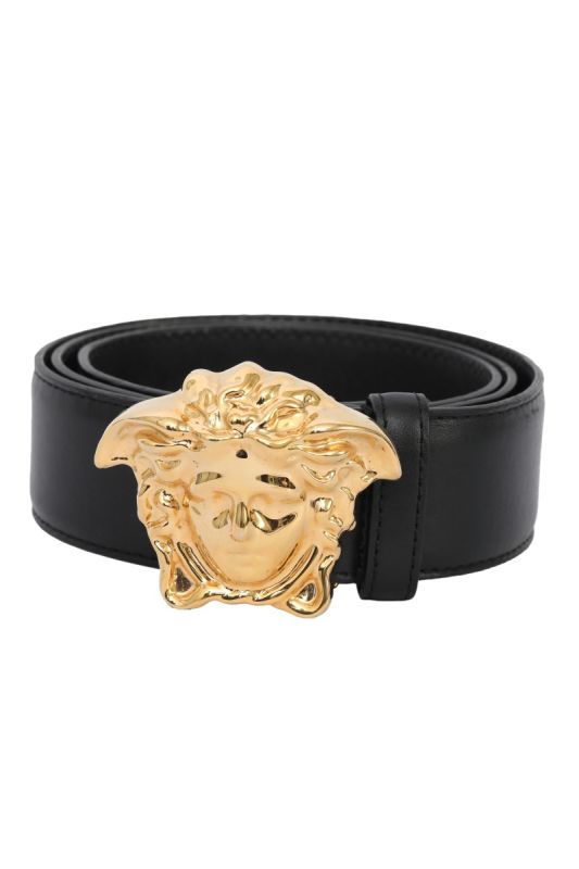 Versace Black 38 Inches Reversible Leather Golden Medusa Head Buckle Belt