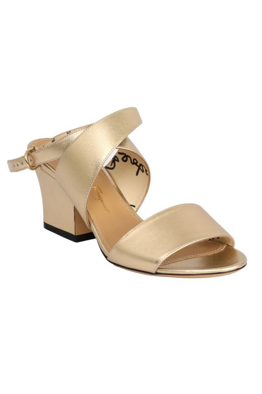 SALVATORE FERRAGAMO SIZE 8 SHEENA METALLIC GOLD LEATHER ANKLE STRAP SANDALS