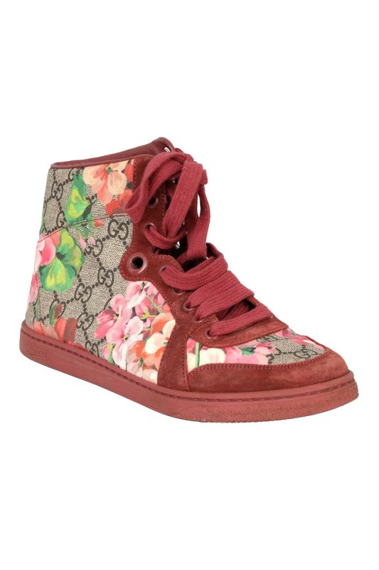 GUCCI MARINE SIZE 37.5 FLORAL PRINT CANVAS & SUEDE SNEAKERS