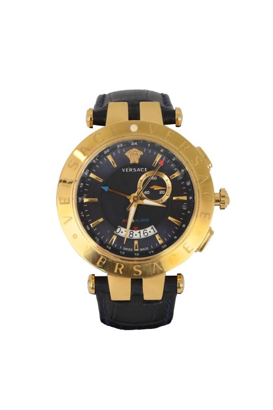 VERSACE MEN’S V-RACE GMT ROUND BLACK LEATHER