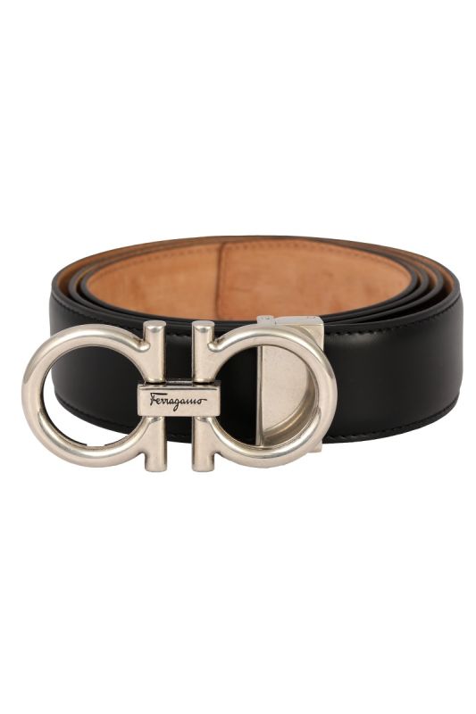 SALVATORE FERRAGAMO 115 CM / 46 INCHES BLACK LEATHER BELT  WITH TWO BUCKLES
