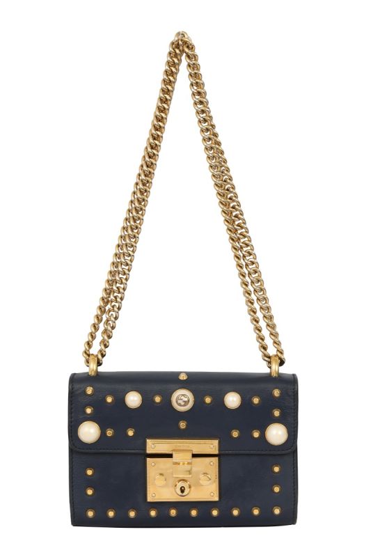 GUCCI NAVY BLUE STUDDED PADLOCK CROSSBODY BAG