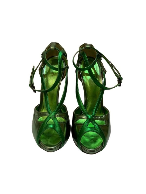 BOTTEGA VENETA METALLIC GREEN CUTOUT WEDGES SANDALS