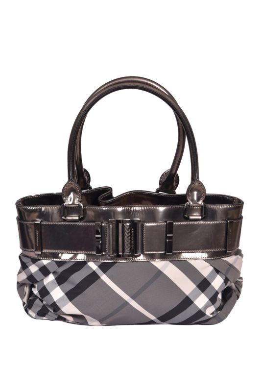 Burberry Beat Check Patent Leather and Fabric Beaton Satchel Bag