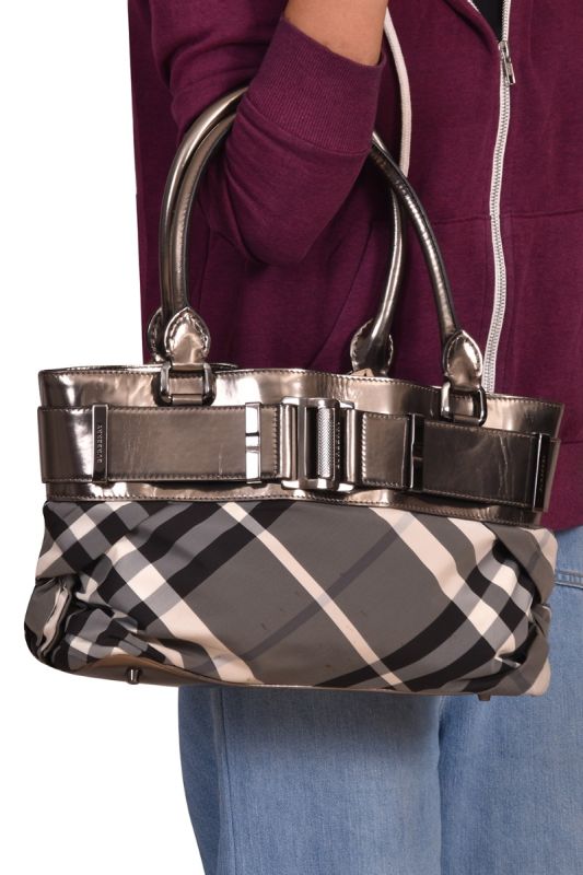 Burberry Beat Check Patent Leather and Fabric Beaton Satchel Bag