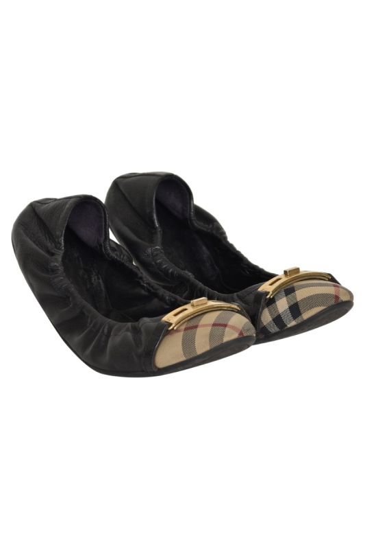 Burberry Black Leather and Nova Check Ballerinas