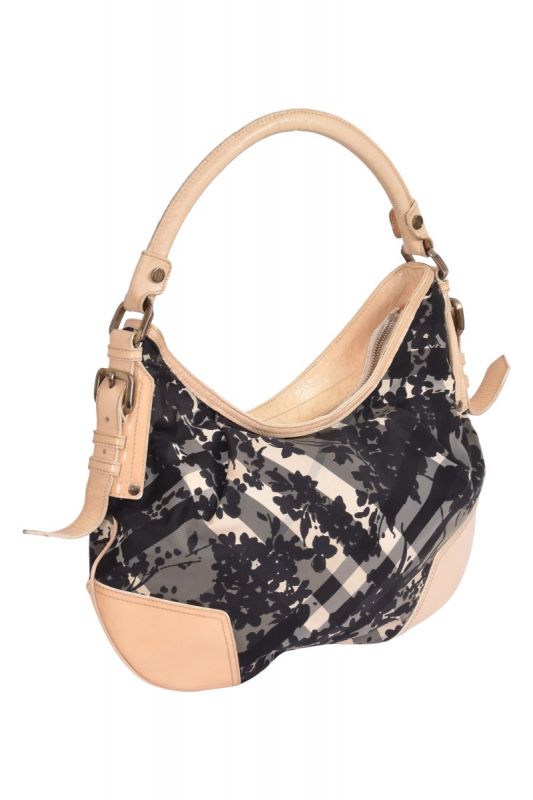 Burberry Black/Cream Floral Beat Check Nylon And Patent Leather Hobo Bag
